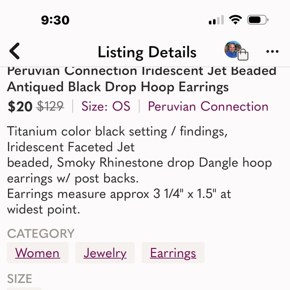 Peruvian Connection Jet Black Iridecensent  Antiqued beaded hoop post earring - Picture 11 of 11